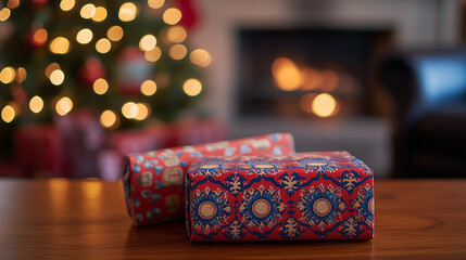 Christmas presents on the table in front of a fireplace, with a blurred background featuring a Christmas tree and decorations. 