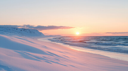 Obraz premium serene winter sunset over snowy beach with gentle waves and distant horizon. soft colors of sky reflect on snow, creating peaceful and tranquil scene