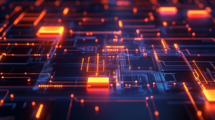 Obraz premium A sleek design featuring glowing neon circuits over a dark background, perfect for websites, presentations, or digital advertisements, 16:9