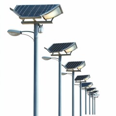 Solar-powered streetlights in a row.