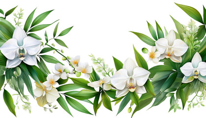 Obraz premium Green Vine Isolated on Transparent Background with Watercolor Bamboo Leaves and White Orchids for Wedding Stationery