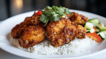 Fototapeta premium Crispy Fried Chicken Pieces Served on a Bed of Steamed Rice with Fresh Vegetables and Garnish of Coriander, Perfectly Plated for Culinary Delight