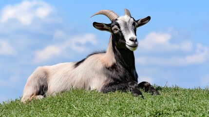 Fototapeta premium A goat resting on a grassy hill under a blue sky with clouds.