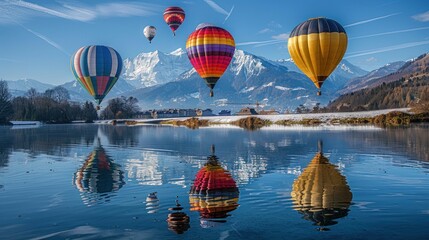 Fototapeta premium Colorful hot air balloons floating over a serene lake and mountains.