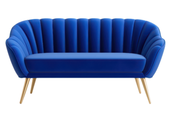 Elegant blue velvet sofa with curved backrest on transparent background clipart