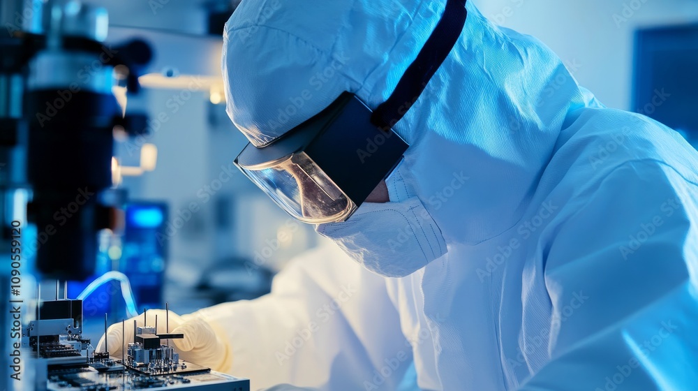 Leinwandbilder an up-close capture of a technician in a cleanroom suit assembling microchips under magnification, s