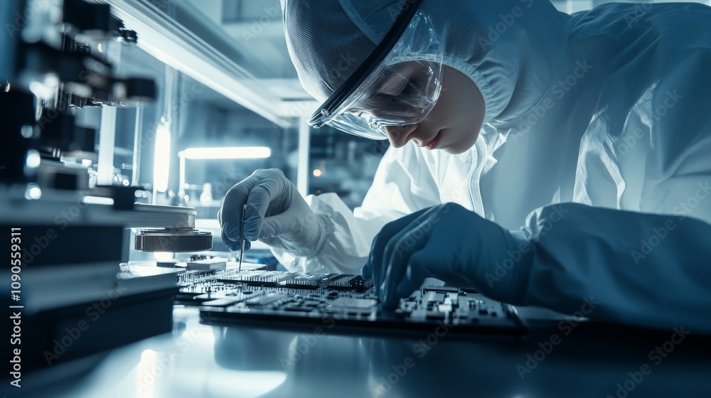 Aufkleber an up-close capture of a technician in a cleanroom suit assembling microchips under magnification, s