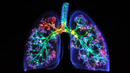 Vibrant and Colorful Illustration of Human Lungs Portraying the Intricate Bronchial and Alveolar Structures with a Neon Effect on a Black Background