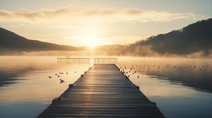 A serene sunrise over a peaceful lake with a wooden pier and gentle mist rolling over the water creating a tranquil atmosphere.