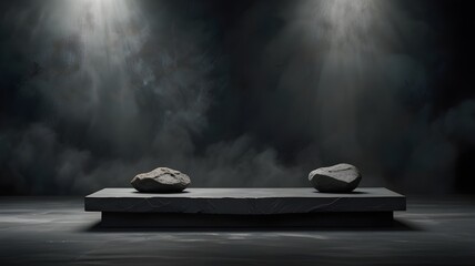 dark ambiance with stone podium.industrial-style studio with stone platform.minimalist concrete room with stone platform., interior