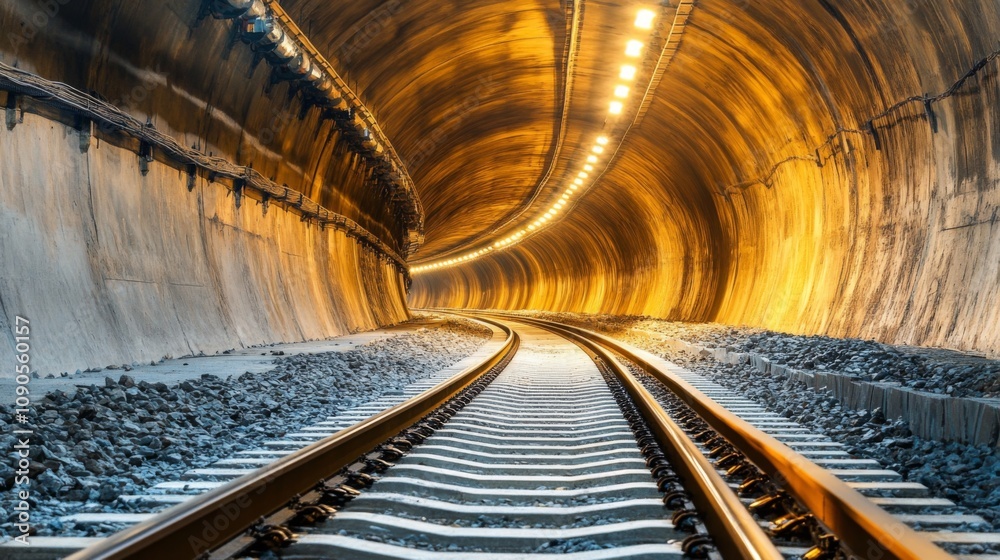 Fototapete Captivating View of an Illuminated Railway Tunnel with Curved Tracks and Warm Lighting Creating a Unique Perspective for Transportation and Infrastructure Imagery