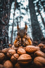 Obraz premium A squirrel sits among scattered nuts in a forest setting, showcasing nature's wildlife.