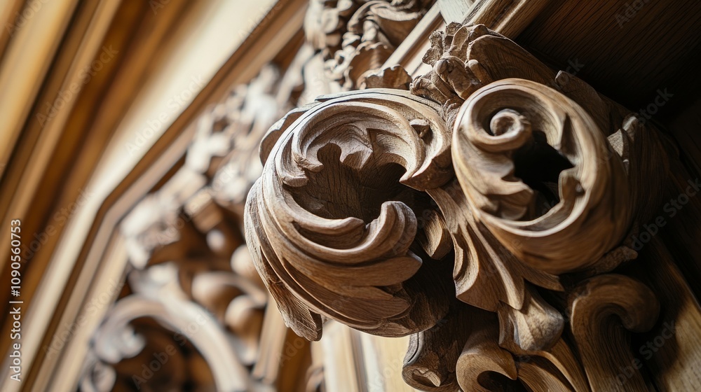 Poster an up-close perspective of a carpenter crafting intricate woodwork details for a historic building r