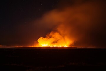 Night sky, volcanic eruption, fiery orange glow.