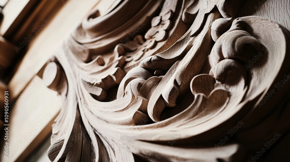 Poster an up-close perspective of a carpenter crafting intricate woodwork details for a historic building r