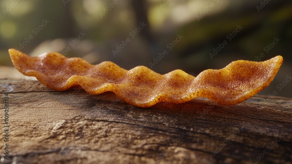 Poster Detailed Close-Up of a Unique Orange Leaf Shaped Like Wavy Waves, Resting on a Wooden Log in a Natural Forest Setting with Soft Background Light