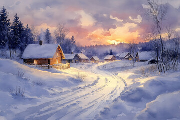 Obraz premium a quiet winter village against the backdrop of the sunset sky. 