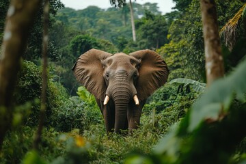 Elephant emerges from lush green jungle.