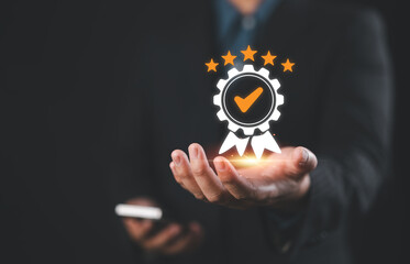 Standardization and certification concept. Sign of service quality assurance 5 star, Compliance to...