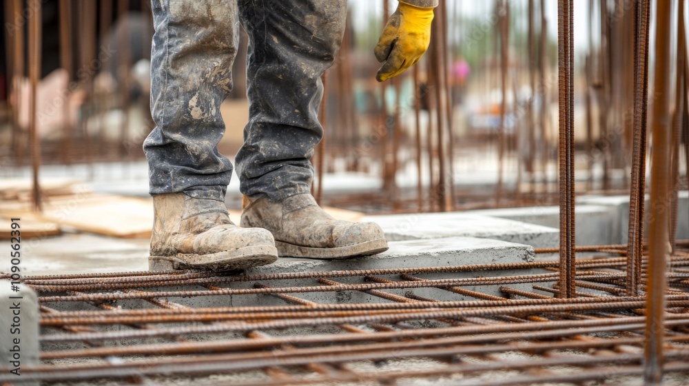 Poster An up-close view of a construction supervisor inspecting reinforced concrete foundations at a high-rise building site, Foundation inspection scene, Detailed and structural style