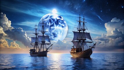 Fototapeta premium Majestic Galleons Sailing Under a Full Moon - Captivating Maritime Scene in 4K Time-Lapse Animation Background for Fashion Photography Inspiration