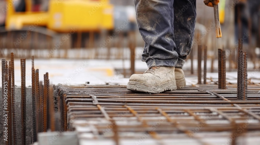 Poster An up-close view of a construction supervisor inspecting reinforced concrete foundations at a high-rise building site, Foundation inspection scene, Detailed and structural style