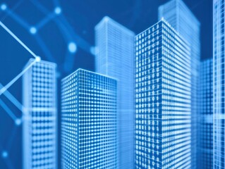 Fototapeta premium A futuristic cityscape featuring tall, illuminated skyscrapers against a blue background, emphasizing technology and innovation.