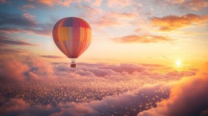 Obraz premium A Colorful Hot Air Balloon Floating Above Clouds at Sunset with Vibrant Sky Colors