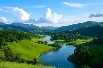 Fototapeta premium Winding River Surrounded by Lush Green Hills and Forest