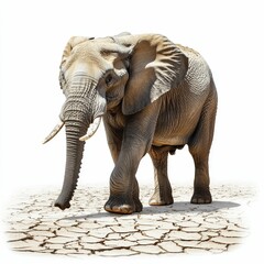 Fototapeta premium Large elephant walks on cracked, dry earth.