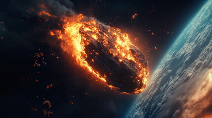 Obraz premium A massive fiery asteroid descends towards Earth, leaving a trail of glowing debris in the vastness of space.