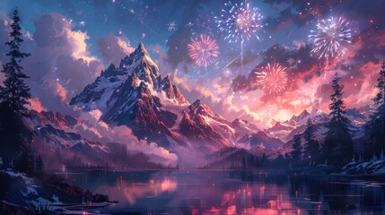 Fototapeta premium A stunning mountain range with a lake in the foreground is lit up by a firework display in the sky.