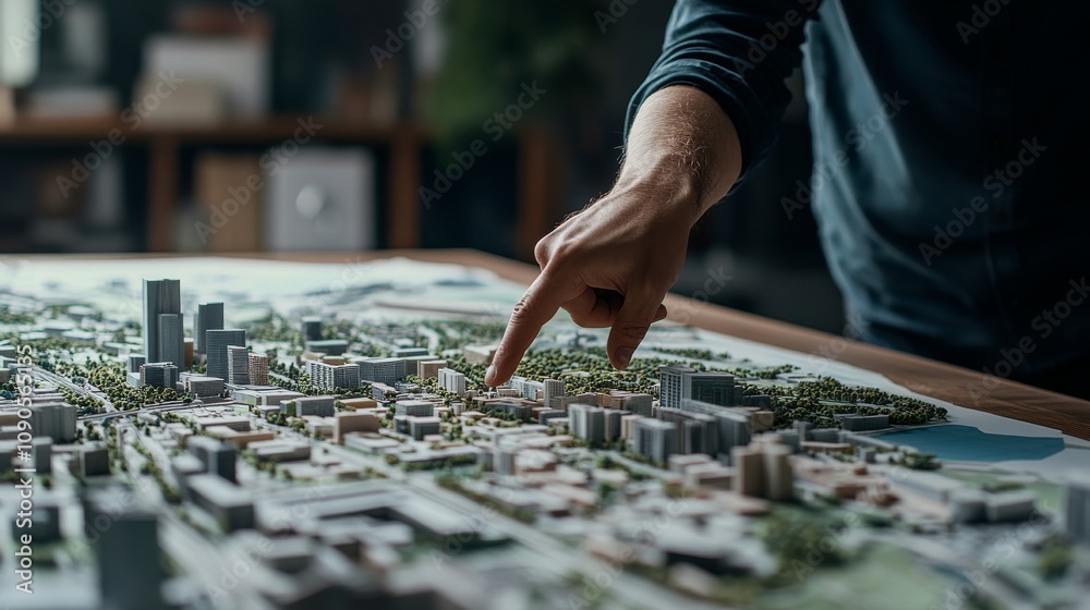 Aufkleber an urban planner pointing at a city model, with maps and charts spread out on a table, looking at th