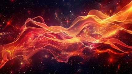 Obraz premium Abstract fiery cosmic wave with glittering particles in dark space.