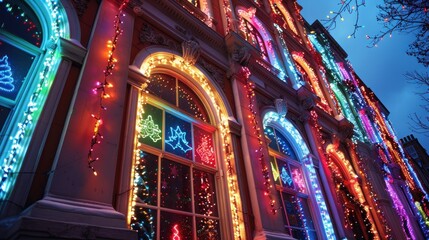 Colorful holiday lights adorning a building's windows at dusk.