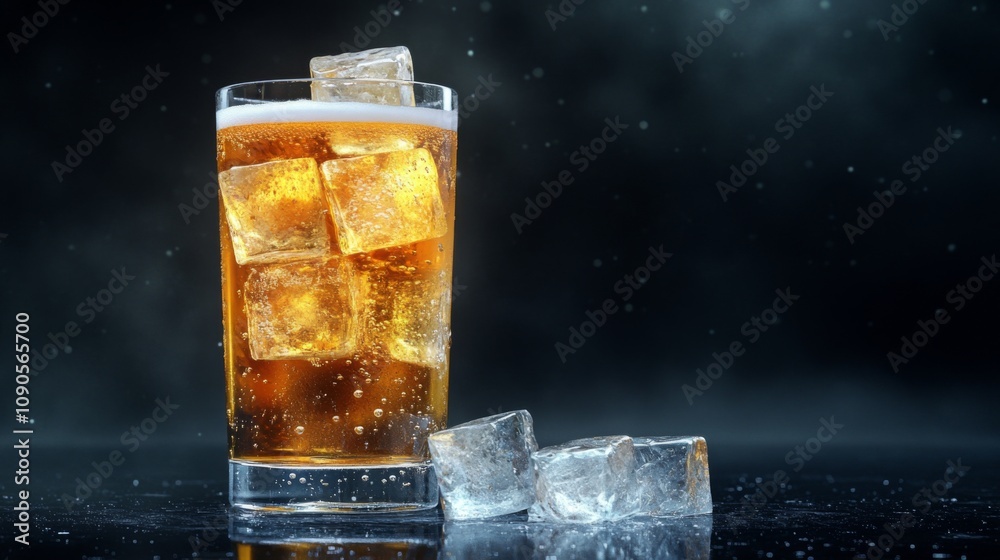 Poster Refreshing Glass of Sparkling Dark Beverage with Ice Cubes on Black Background, Emphasizing Chill and Refreshment in an Elegant Setting