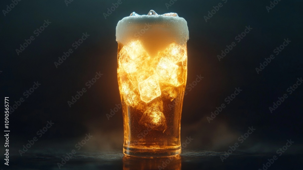 Poster refreshing cold beer in a glass with ice cubes and foamy head illuminated with golden light on a dar