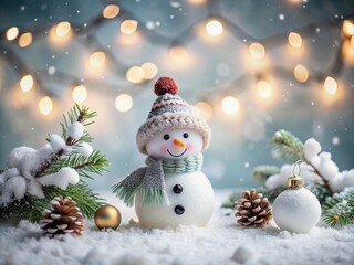Minimalist Winter Scene Featuring a Charming Snowman Surrounded by a Collection of Delicate Winter Decorations, Evoking a Cozy and Festive Atmosphere in a Serene Snowy Landscape