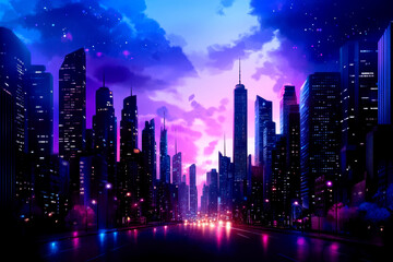 Fototapeta premium A vibrant city skyline at dusk, illuminated by colorful lights under a dramatic sky filled with purple and blue hues.