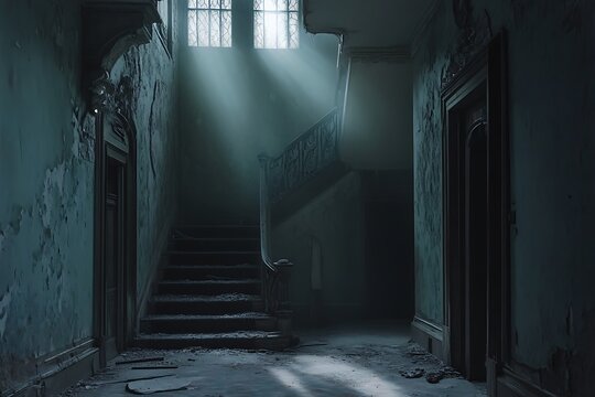 A dimly lit, abandoned hallway with a staircase, evoking a sense of mystery and decay.