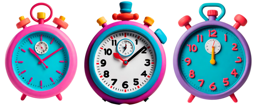 Three colorful alarm clocks showing different times on white background