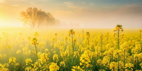 Obraz premium Misty Spring Morning in a Blooming Canola Field with Soft Hues and Gentle Light, Capturing the Peaceful Essence of Nature's Rebirth in a Minimalist Style