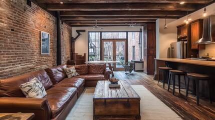 Naklejka premium Cozy Urban Living Room with Exposed Brick Walls, Wooden Beams, Stylish Furniture, and Modern Kitchen in Warm, Inviting Atmosphere Ideal for Relaxation and Gathering