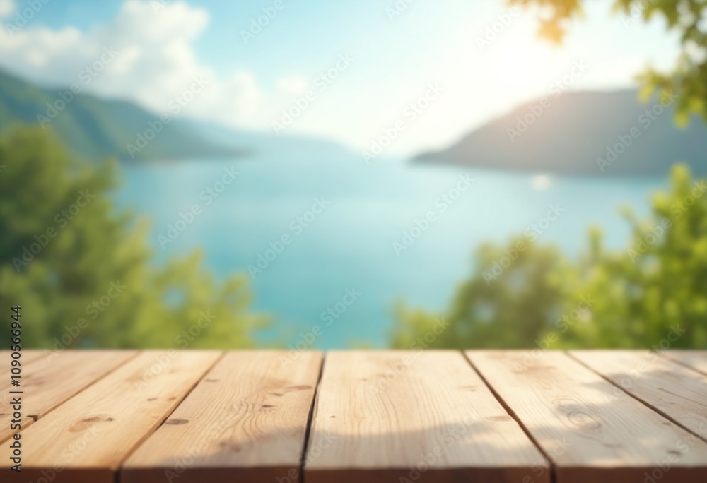 Poster empty wooden table top with blurred nature background. calm sunny day in nature with sea and mountai