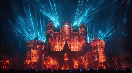 Fototapeta premium A vibrant light show illuminating a grand castle structure.