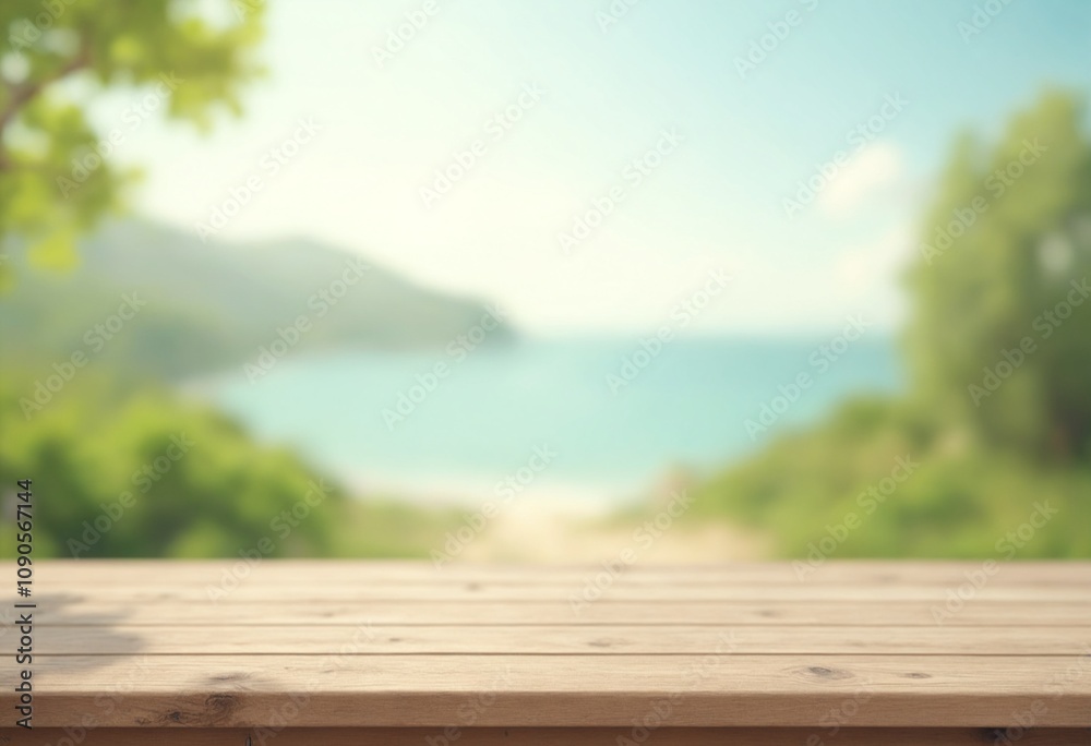 Poster empty wooden table top with blurred nature background. calm sunny day in nature with sea and mountai