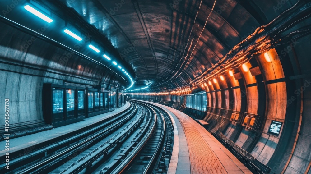 Poster futuristic underground subway tunnel with curved tracks and illuminated walls in a modern urban envi