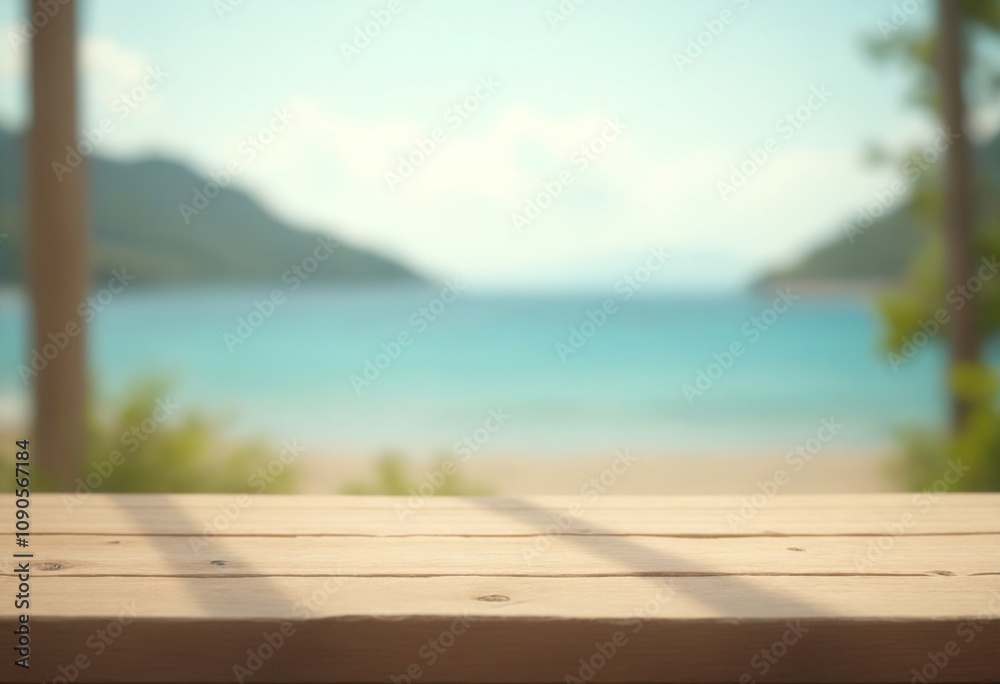 Aufkleber empty wooden table top with blurred nature background. calm sunny day in nature with sea and mountai