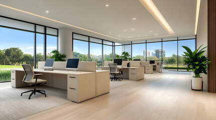 Modern office interior with white desks and plants