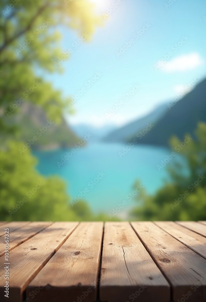 Aufkleber empty wooden table top with blurred nature background. calm sunny day in nature with sea and mountai